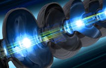 Illustration of an electron beam traveling through a niobium cavity—a key component of SLAC’s LCLS-II x-ray laser. It’s kept at 2 kelvins (-456°F), a temperature at which niobium conducts electricity without losses, and these cavities power a highly energetic beam that creates up to 1 million x-ray flashes/second—more than any other current or planned x-ray laser.