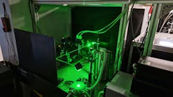 Cryogenic testing setup in Sweeney’s lab: A solar cell is held under cryogenic conditions (196°C) while being powered by a laser.